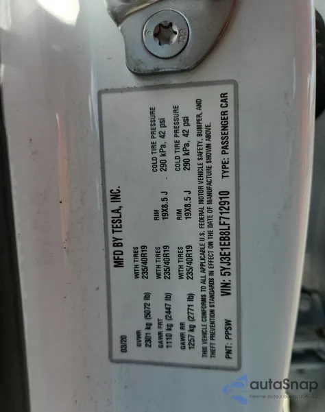 2020 Tesla Model 3 from USA, damaged, VIN 5YJ3E1EB8LF712910